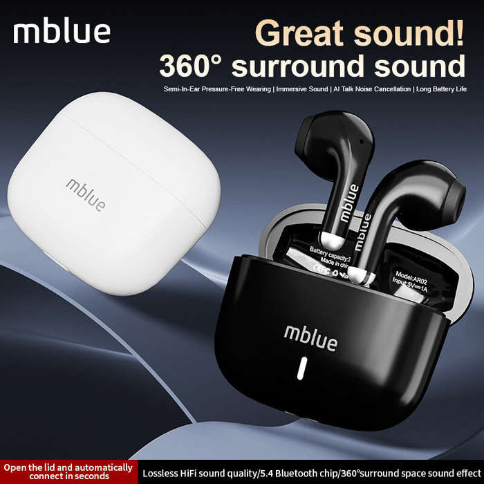 White - Mblue AR02 Sports Headset Wireless bluetooth 5.4 Earphone 13mm Dynamic Driver Unit 360 Spati