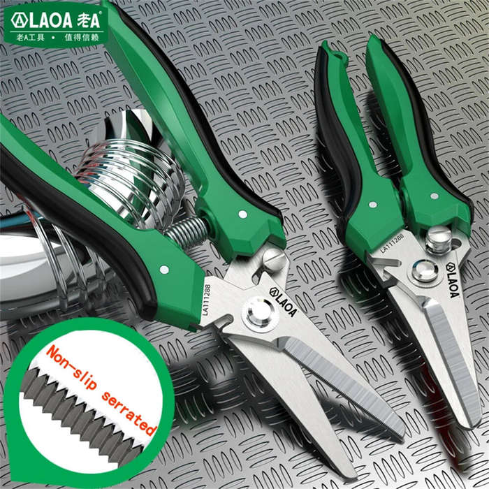 Green - Multifunctional Serrated Stainless Steel Electrician's Scissors 200mm ABS Handles Labor-Savi