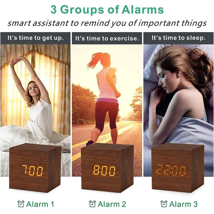 White - Wooden Digital Alarm Clock with Temperature Sound Control Electronic Clocks Desktop LED Beds