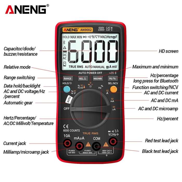 ANENG AN9002 Bluetooth Digital Multimeter 6000 Counts Professional MultimetroTrue RMS AC/DC Current