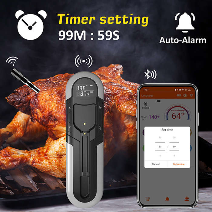 Grey - -4F to 212F Bluetooth Wireless Meat Steak Food Electronic Thermometer Grill Probe Smart Meat