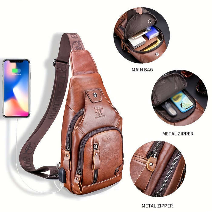 Brown - BULLCAPTAIN Mens Genuine Leather USB Charging Large Capacity Business Casual Chest Bag Shoul