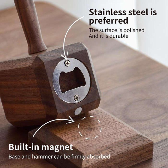 Brown - Creative Wooden Retro Bottle Openers Multifunction Hammer Shaped Drinks Corkscrew Long Handl