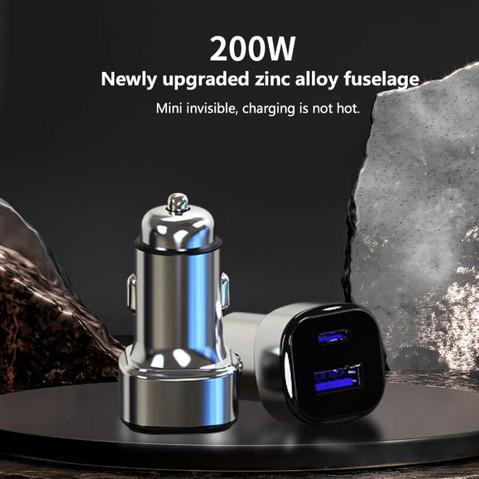Silver - 200W Car Fast Charger Dual Port Converter One-To-Two Converter Mini Car Charger Support USB