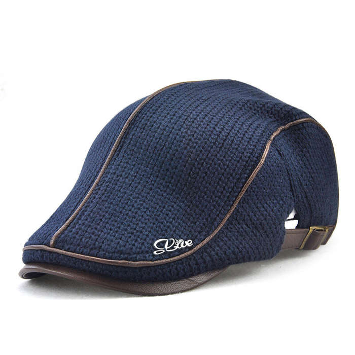 Grey - Collrown Knitted Berets Patchwork Leather Brim Men Flat Cap Retro Visor Hat Autumn Winter War