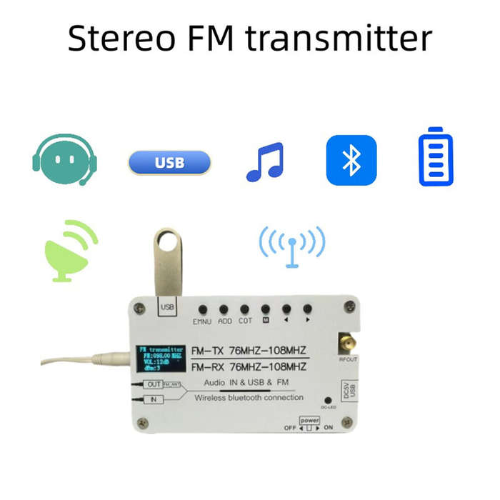 #A - Multi-function FM Transmitter Receiver Bluetooth AUX USB Audio 76MHz-108MHz Built-in Rechargeab