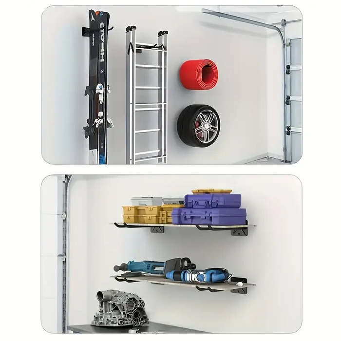 Black - Heavy Duty Iron Wall Mounted Tool Rack Supports Up to 40lbs Compact Space Saving Organizer f