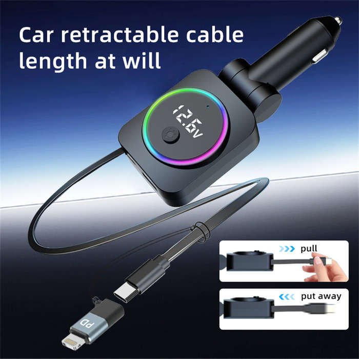 Black - K38 4-in-1 Retractable Car Charger USB PD30W QC3.0 Type C Cable Ambient Lighting for Mobile