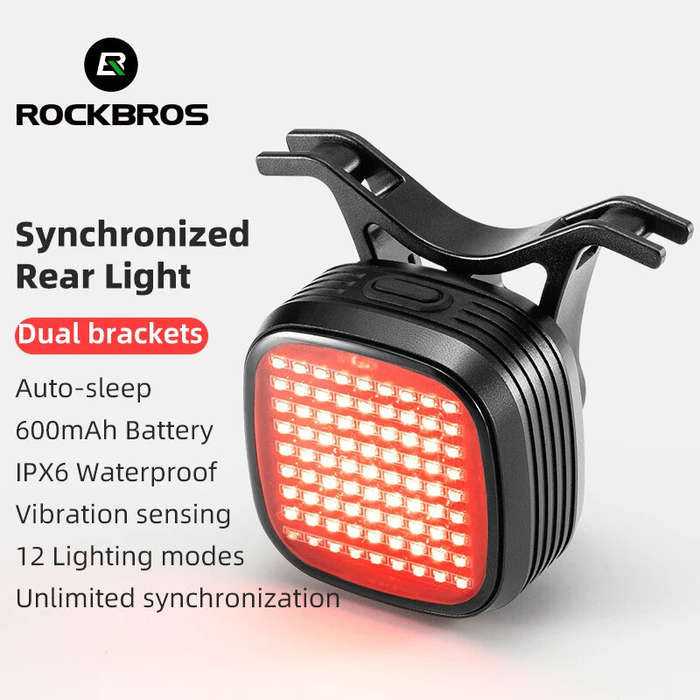 ROCKBROS Smart Bicycle Brake Sensing Taillight 12 Light Modes Vibration Sync Feedback IPX6 Waterproo