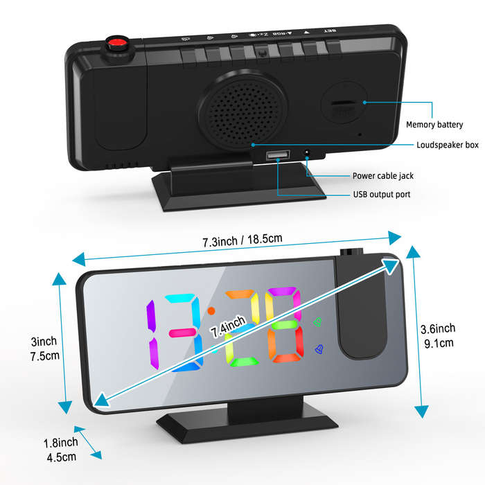 Black - AGSIVO LED RGB Digital Projection Alarm Clock with 180 Rotatable Projector / 11 Colors / Mir