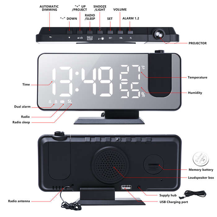 white/white - LED Mirror Alarm Clock Big Screen Temperature and Humidity Display with Radio and Time