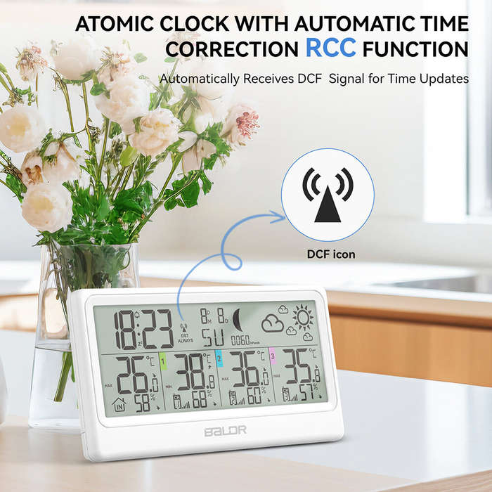 White - BALDR Large LCD Display Weather Station Thermometer Hygrometer Alarm Clock Large Screen Trip