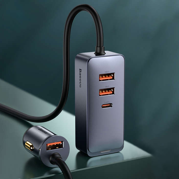 Baseus 120W PPS Multi-Port Fast Charging Car Charger With Extension Cord 3U+1C Gray