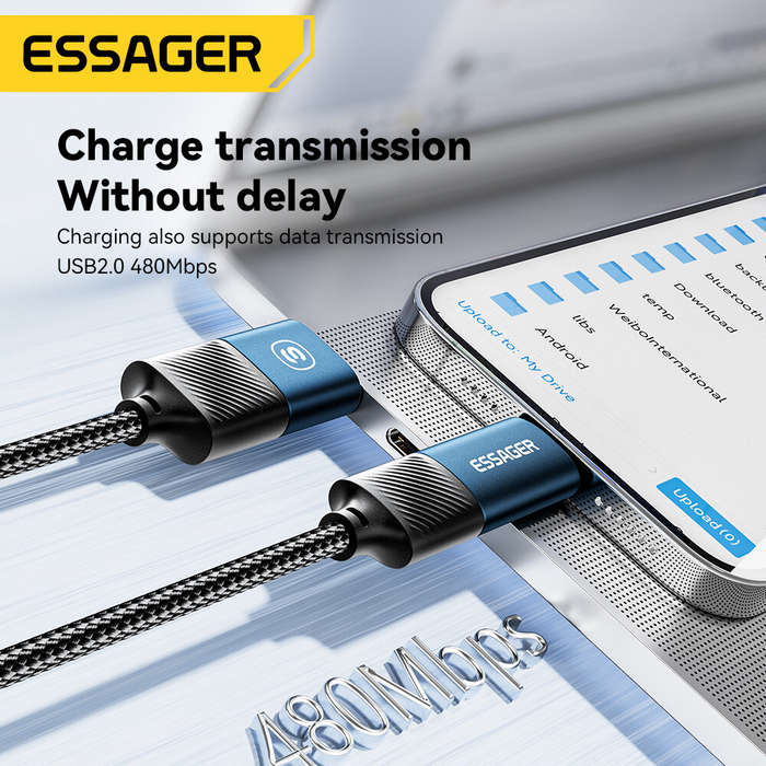 Black - ESSAGER ES-X49 3A 65W USB-A/Type-C to Type-C/iP Cable Fast Charging Data Transmission Copper