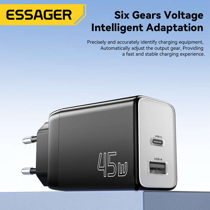White - [GaN Tech] ESSAGER ES-CD40 45W 2-Port USB PD Charger USB-A+USB-C PD3.0 QC4.0 PPS FCP AFC App