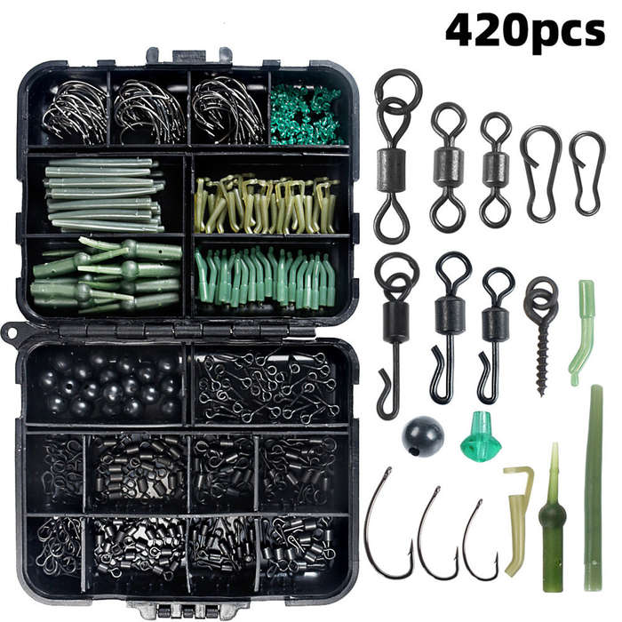 Black - Anmuka 420pcs Fishing Tackle Kit ABS Boxed Fishing Accessories Set with Hooks Swivels Beads