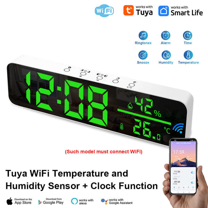 White - Tuya WiFi Temperature Humidity Sensor Support Time Alarm Clock Display USB Desktop Mirror Cl