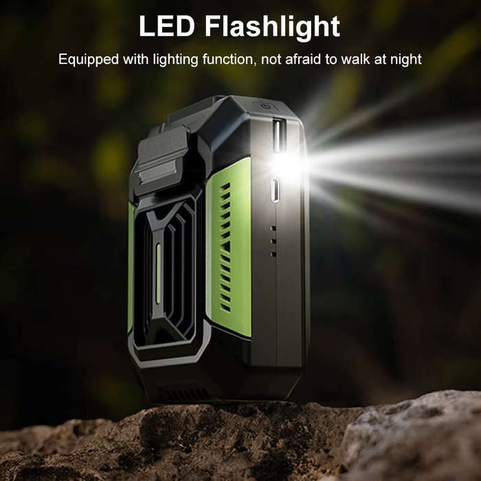 Green - 4000mAh Portable Waist Clip LED Light Fan Power Bank Mini Hanging Neck Fan USB Rechargeable