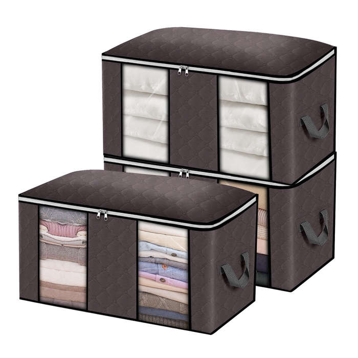Beige - KING DO WAY 3PCS Clothes Storage Bag Non-woven Fabric Two-window Foldable Storage Bag