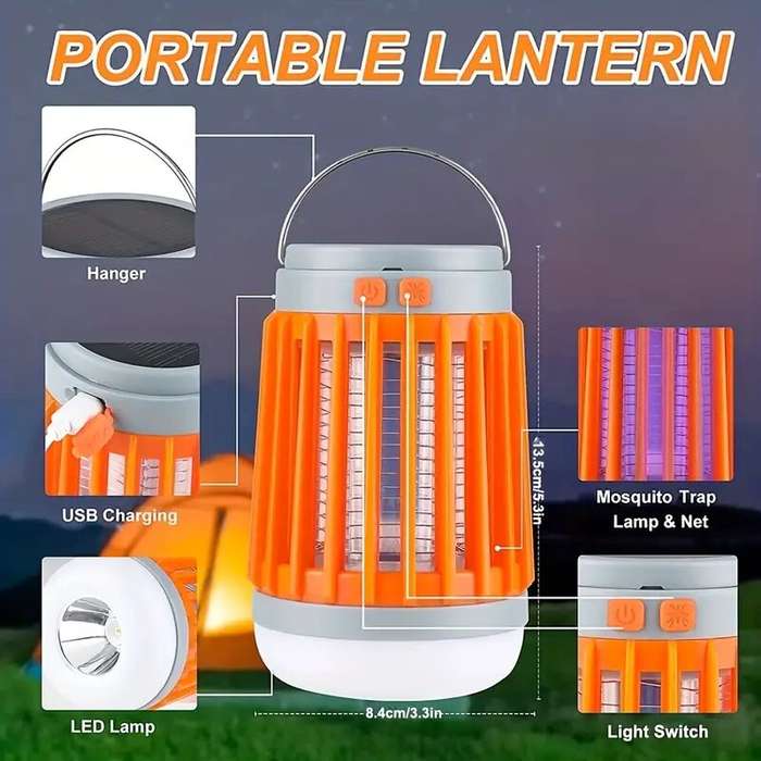 Orange - Solar Bug Zapper Light Bulb 3 in 1 Mosquitoes Killer USB Rechargeable Camping Light Flashli