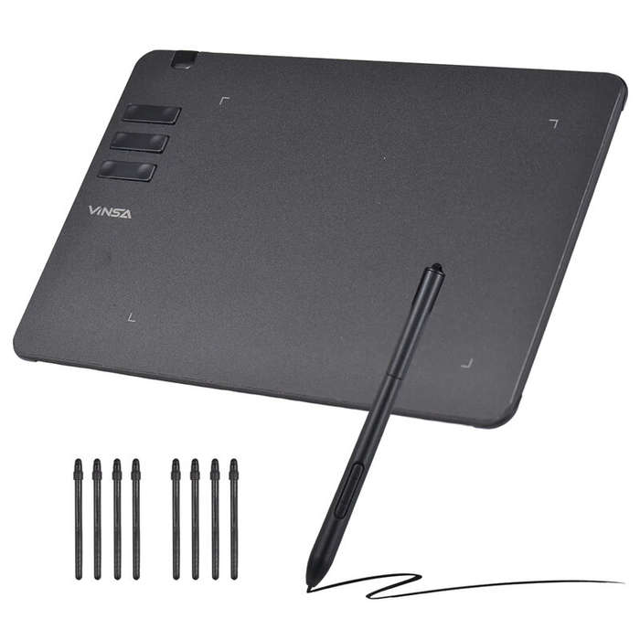 Black - VINSA T605 Graphics Drawing Tablet 170x107mm Working Area 8 Pen Nibs Art Creation Sketches w