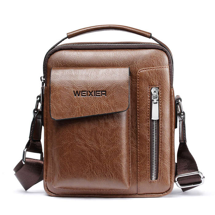 Light Brown - WEIXIER Men's Crossbody Bag PU Leather Hand Bag for Men Messenger Bags Waterproof Back
