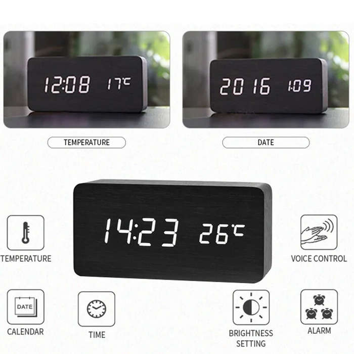 Brown - LED Electronic Wooden Alarm Clock Time Temperature Display USB + Battery Dual Power Supply D