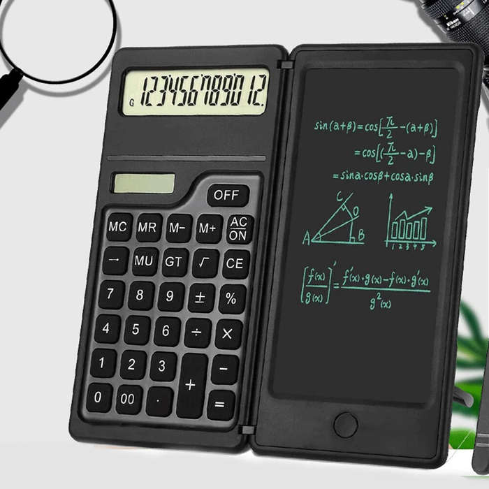 Black - Basic Calculator Notepad with 6 Inch LCD Writing Tablet Portable Foldable Scientific Calcula