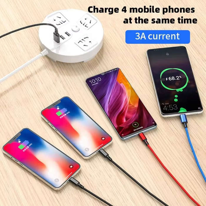 1Type-C+1Micro+2iP - 3A 4-in-1 USB-A to Type-C/Micro/iP Cable Fast Charging Tinned Copper Core Line