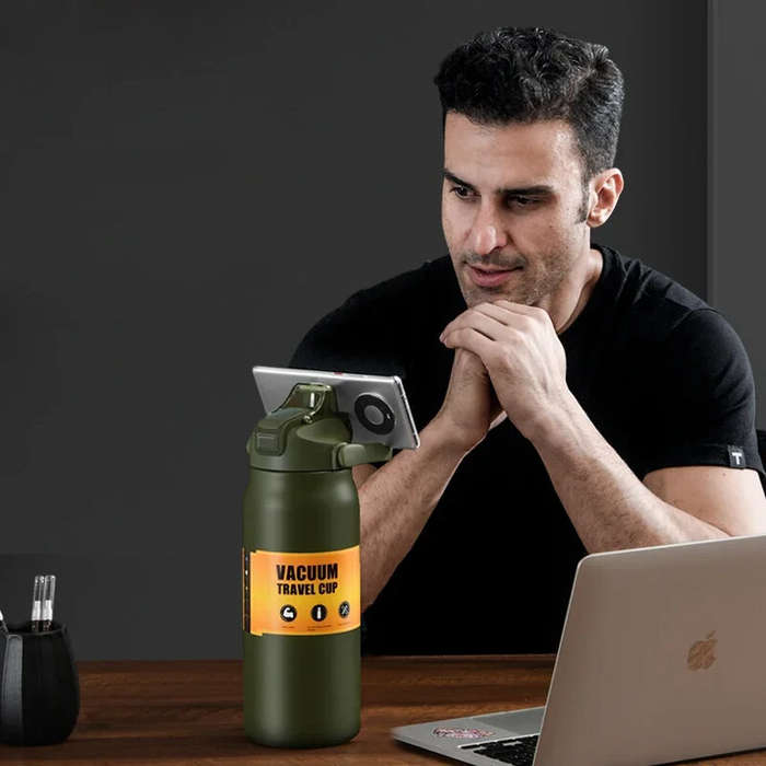 Black - 1500ml Large Capacity Portable Thermos Bottle with Straw, 304 Stainless Steel, Thermal Mug,