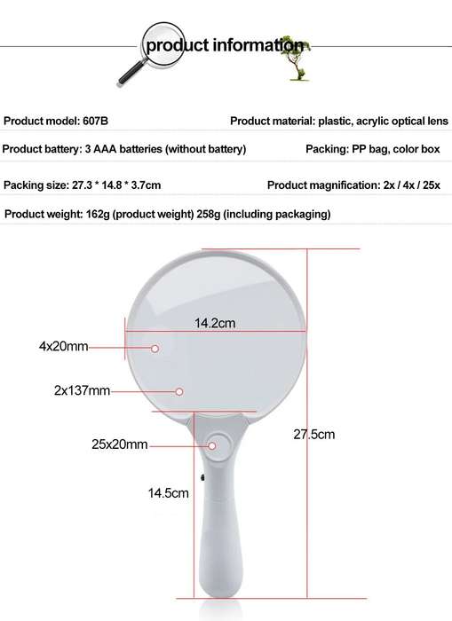 137mm Large Handheld Magnifier Magnifying Glass with 3 Led Lights 2X 4X 25X Magnifier Glass Lens for