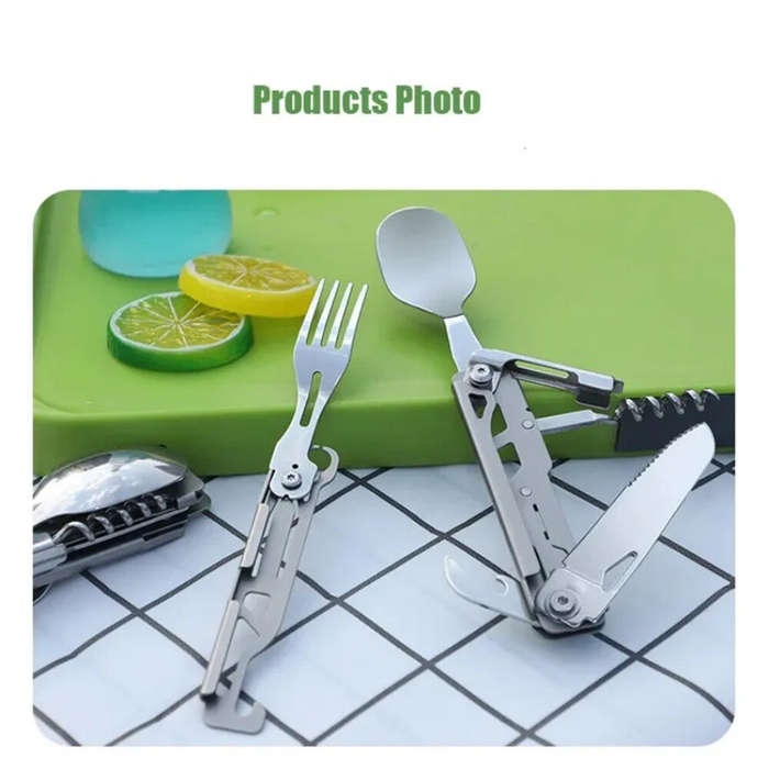 Silver - IPRee Outdoor Stainless Steel Multifunctional Camping Folding Knife Fork and Spoon Camping