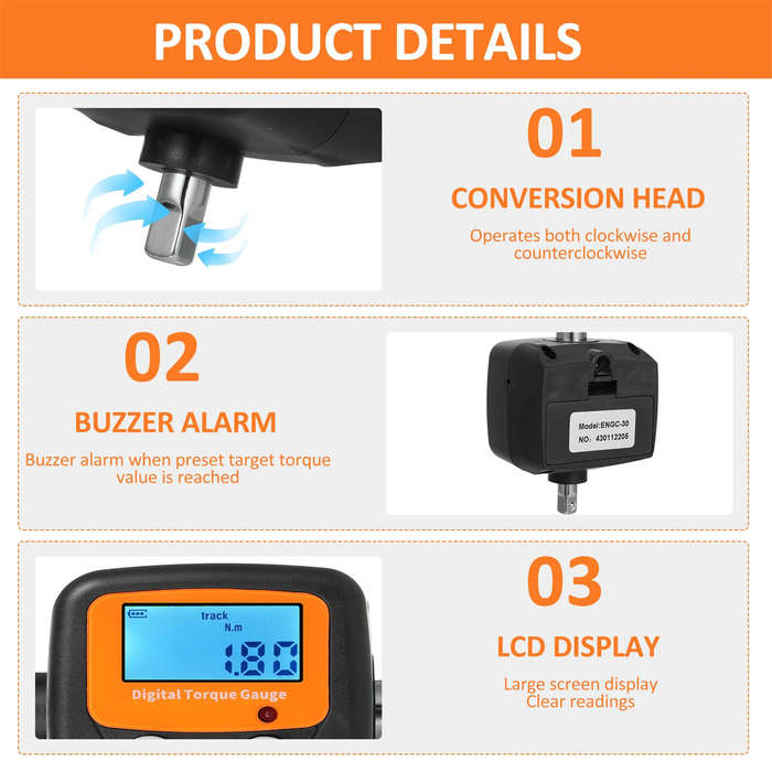 SNCG-200 - Digital Torque Meter 1/2'' to 1/4'' 1/2'' to 3/8'' Adapters High Accuracy 4 Torque Units