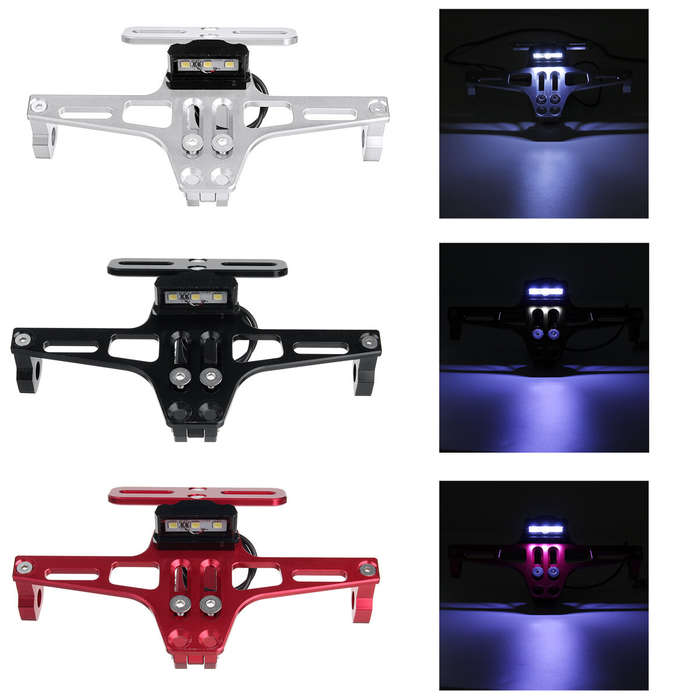 Silver - 12V CNC Motorcycle Alloy License Number Plate Holder Bracket LED Lights Universal