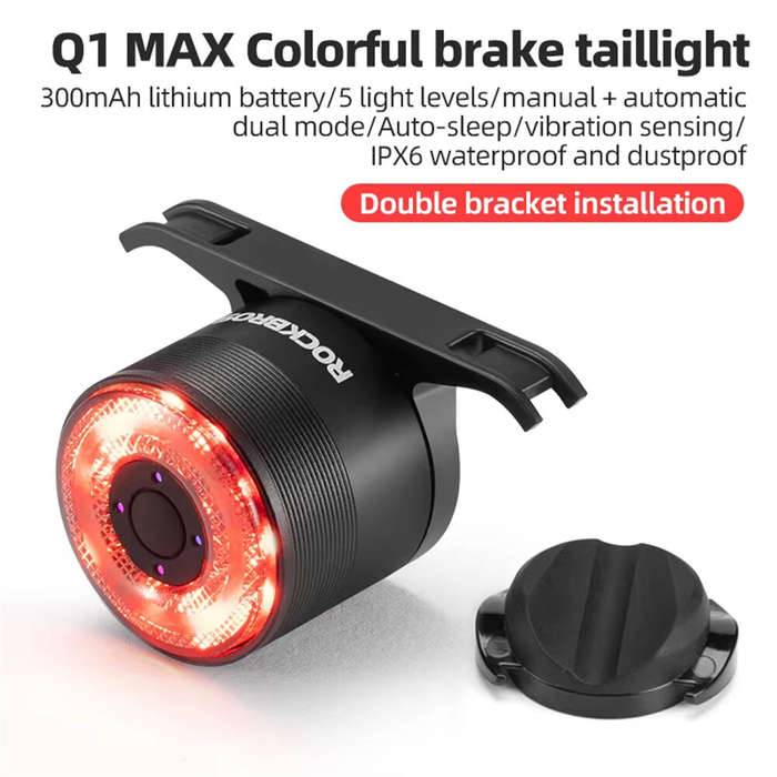 Black - ROCKBROS Q1 MAX RGB Bicycle Taillight Vibration Sensor Smart Brake Sensing USB Charging Ligh