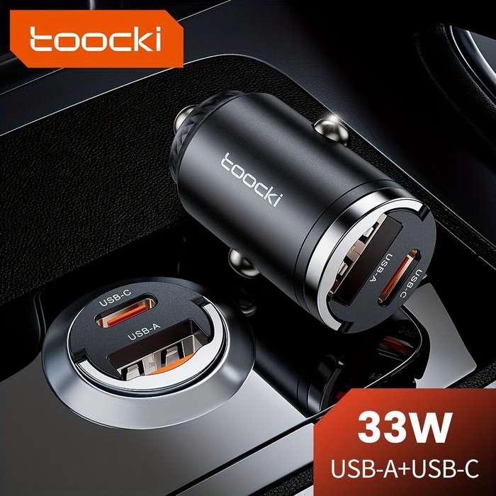 Black - Toocki 33W Car Charger USB-A+USB-C Dual Output Supports PD/QC3.0 Mini Ring Design for iPhone