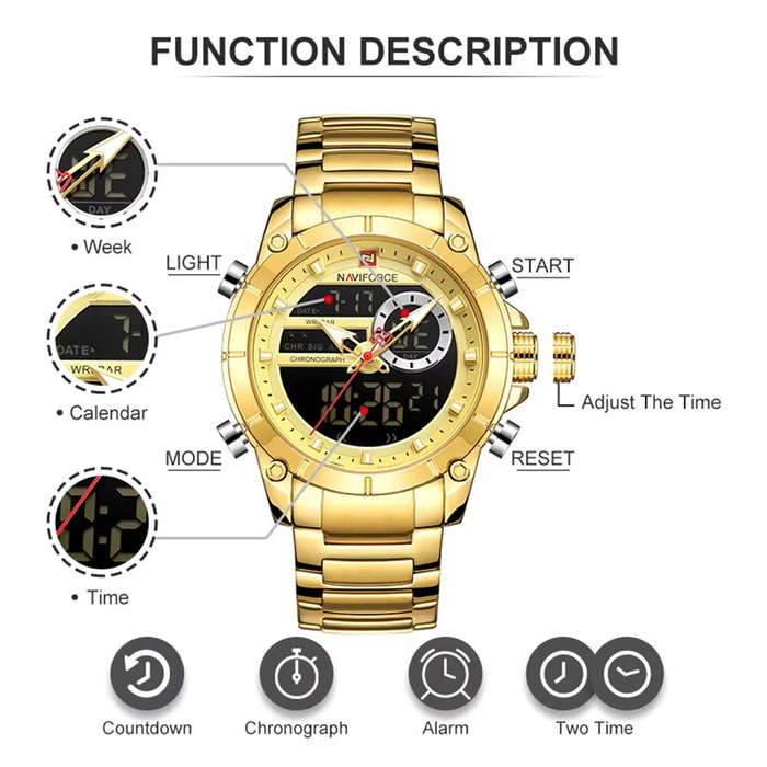Gold - NAVIFORCE Luxury Men's Quartz Watch Dual Display Waterproof Sports Wristwatch Luminous Design