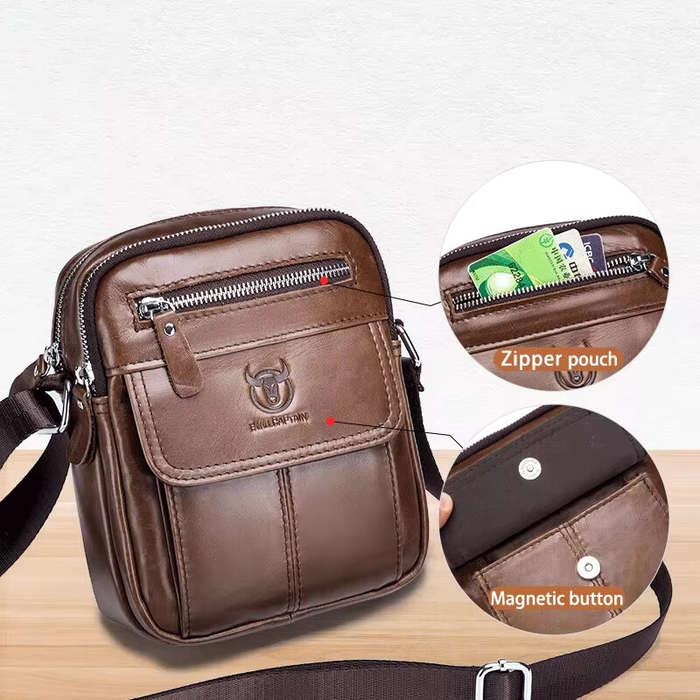 Brown - BULLCAPTAIN Men's Casual Shoulder Bag High Quality Business Messenger Bag Cowhide Leather Mi
