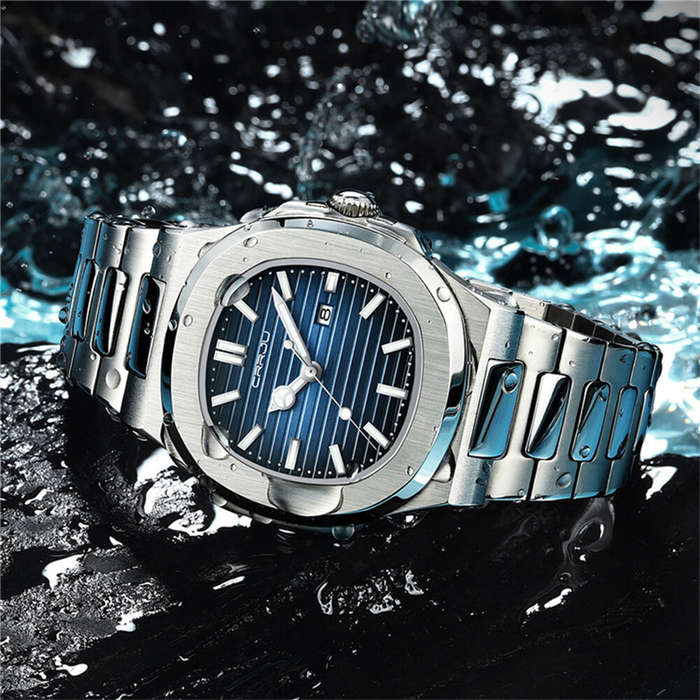 Blue - CRRJU Men's Quartz Watch Stainless Steel Band Waterproof Luminous Square Dial Business Casual