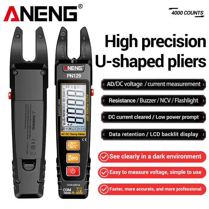 Black - ANENG PN129 Digital Clamp Meter 600V 100A Multimeter with LCD Backlit Display Flashlight Aut