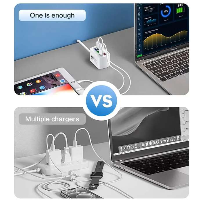 EU Plug - 10A 220V 6-Port USB PD Charger Power Strip Fast Charging Desktop Charging Station EU Plug