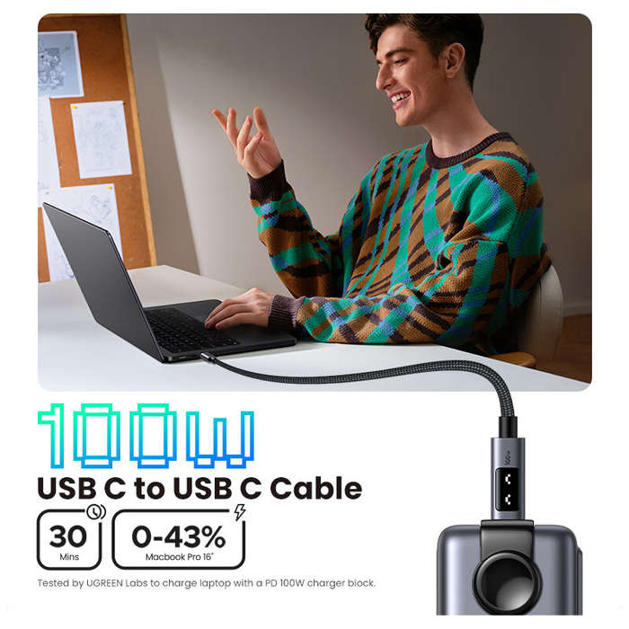 Black - Ugreen L512 5A PD100W Type-C to Type-C LED Display Cable PD3.0 Fast Charging Data Transmissi