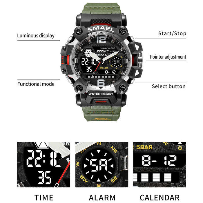 Blue - SMAEL Men LED Luminous Waterproof Sports Digital Dual Display Watch Multifunctional Outdoor C