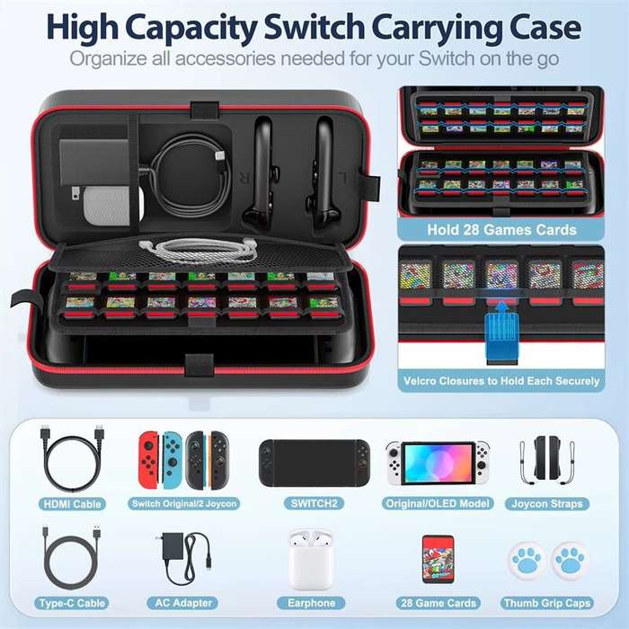 Black - for Switch 2 & Switch Original & Switch OLED Large Storage Bag Anti-Scratch Waterproof Trave