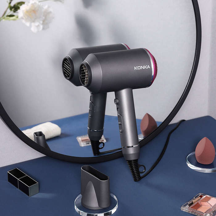 Gray - KONKA KG-1601 Hair Dryer 1600W 3 Drying Modes with Focused Airflow Nozzle Detachable Rear Cov