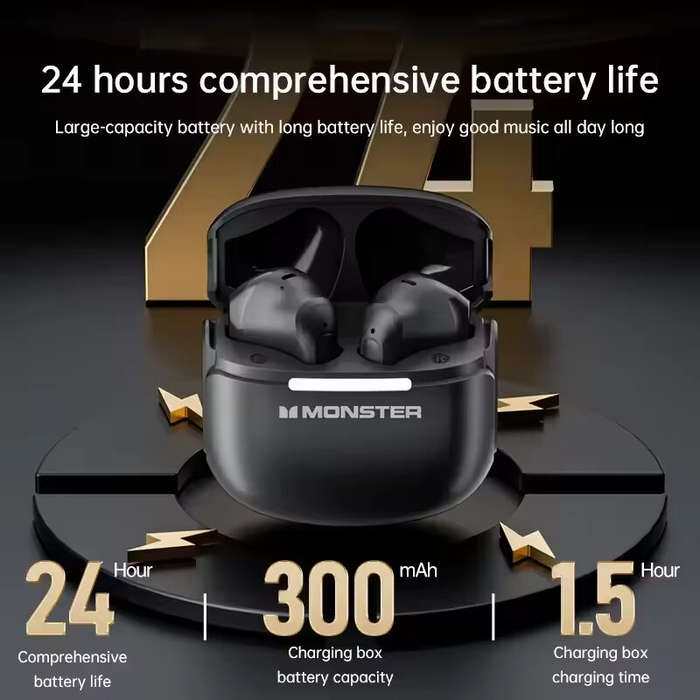 Black - MONSTER GT15 TWS Earbuds Wireless bluetooth 5.4 Earphone 13mm Metal Disphragm Dynamic Spatia