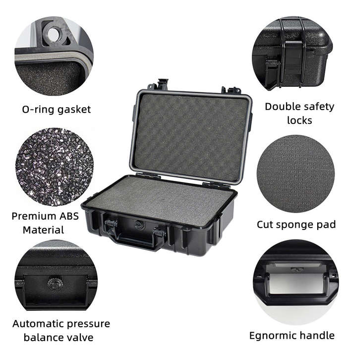 Black - 363x290x160mm Plastic Safety Equipment Case Waterproof Hard Carry Tool Box Shockproof Storag