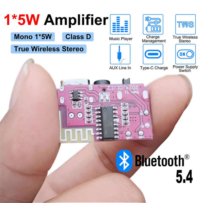 1pc - DC 3.5V-5V 5W Bluetooth 5.4 Mono Amplifier Decoder Board MP3 Player TWS 3.5mm AUX Module Recei