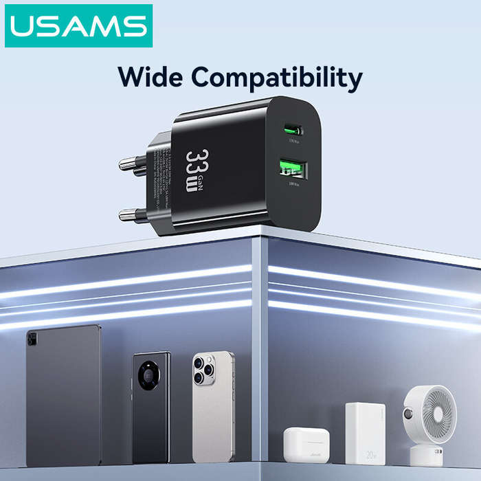 White - USAMS CC317 T65 33W 2-Port USB PD Charger USB-A+USB-C PD Fast Charging Wall Charger Adapter