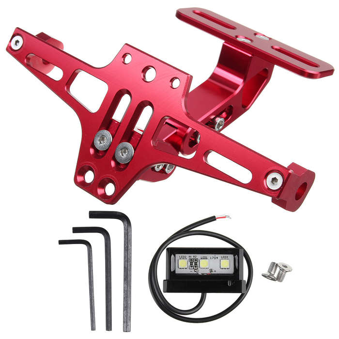Silver - 12V CNC Motorcycle Alloy License Number Plate Holder Bracket LED Lights Universal